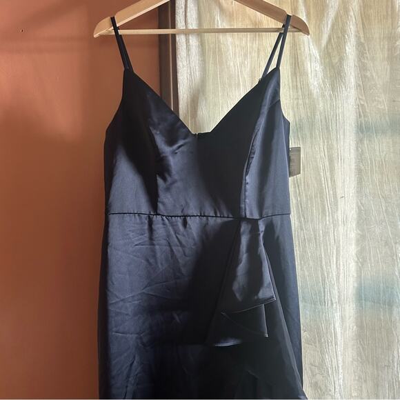 Xscape Satin Ruffle Dress Navy Blue Hi Low Maxi Formal Gown Sleeveless NWT Sz 12 - Picture 5 of 8